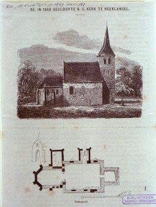 Een afbeelding van de oude kerk van Neerlangel, gelijkend op de Huisselingse kerk