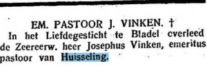 Overlijdensbericht oud-pastoor Vinken. Uit: Het Centrum, 28 augustus 1922