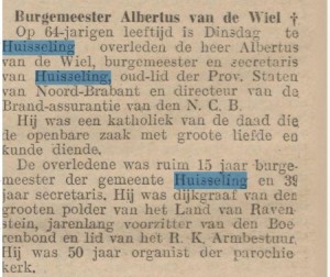 Overlijdensbericht van burgemeester Van de Wiel op 26 april 1924