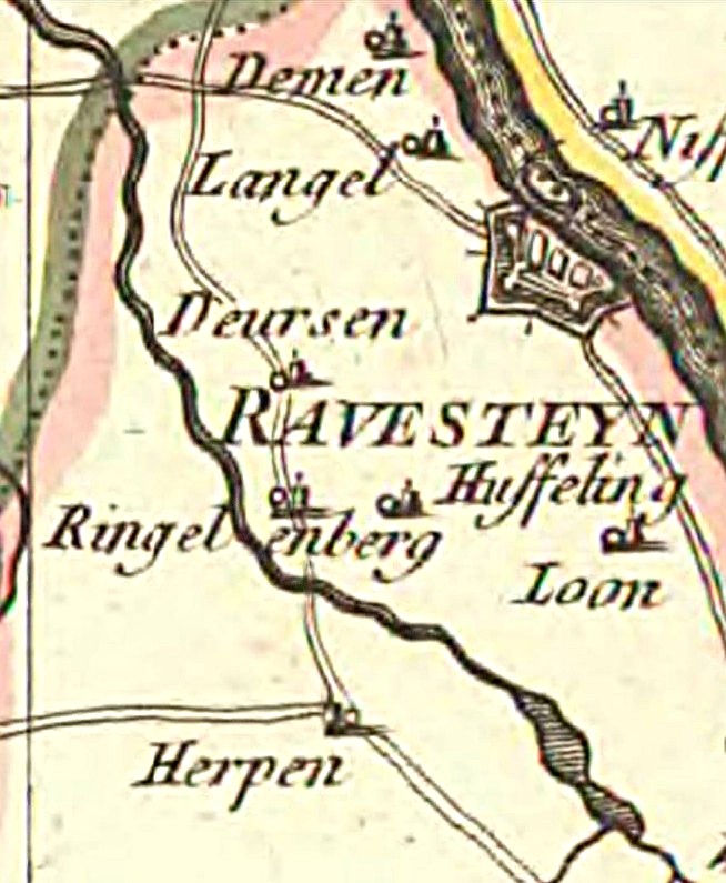 Huisseling.nl; Oude kaart van het Land van Ravenstein met De Ringelenburg erop.