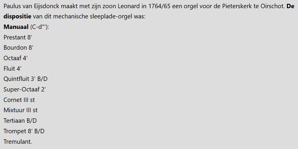 Huisseling.nl; Schema van het Van Eijsdonck-orgel (Bron: Brabantorgel.bl).